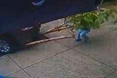車が街路樹をなぎ倒して歩道に飛び込み子供が下敷きに！