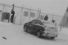 電気フェンスに立小便をして同時に倒れる2人の男性