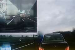 高速道路上で急停車したBMWの後方でトラックが事故を起こす