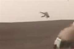 激しく横転し転がる車からドライバーが宙に放り出される