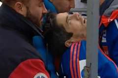 スキージャンプで着地に失敗し手首を骨折した選手が白目をむいて失神する