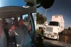 追突されて対向車線に押された車がトラックと衝突